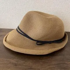 折りたたみベージュ ストローハット ネイビーリボン付き