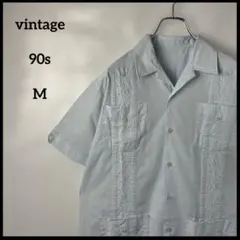 キューバシャツ　ヴィンテージ90s 水色ブルー　半袖　開襟　刺繍　シンプル　古着