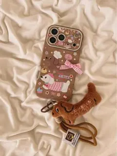 ブラウン犬リボンiPhoneケース紐付き耐衝撃落下防止可愛い保護のサムネイル