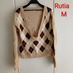 レディースМ◆アーガイル柄 Vネック セーター◆ ベージュ系