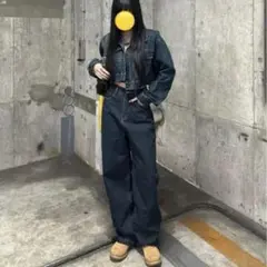 ダークデニム クロップドジャケット ワイドパンツセット