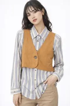 オレンジ スエード風 クロップドベスト 2点セット