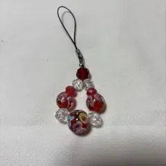 花柄ビーズ スマホストラップ レッド