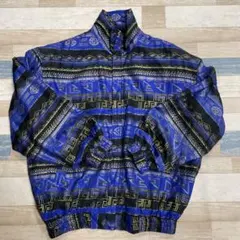 あ*ー様 90s ヴィンテージ シルク総柄ブルゾンジャケット M 青×黒×金 c