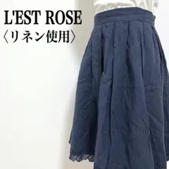 【レストローズ】リネンミックス プリーツバックウエストゴム ひざ丈フレアスカート