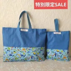 竜柄＆ブルー、入園入学2点セット☆レッスンバック☆上履き袋
