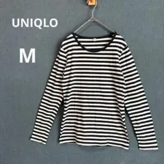 UNIQLO M ストレッチ シンプル ボーダー ロンT 長袖カットソー 紺 白