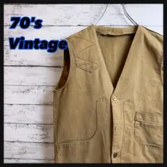 【70's80'sヴィンテージ】ガンパッチ付ハンティングベスト ギミック銀ジップ