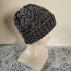 ハンドメイド秋冬用グレー ケーブル編み ニット帽