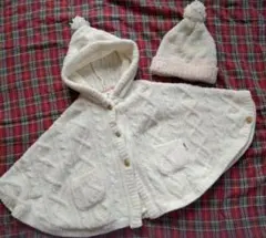 ジェラートピケ　ポンチョ　ケーブル編み　ケープ　+　ニット帽