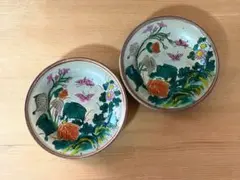 時代 九谷焼 色絵金彩 銘有 蝶花図 小皿 2客
