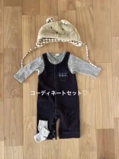 セット　ネイビー コーデュロイロンパース クマ耳帽子付き