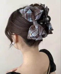 ヴィンテージチェック柄ビッグリボンヘアクリップ ブラウン系 ヘアアクセサリー