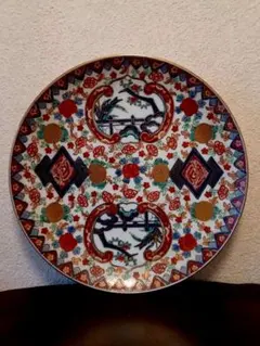 有田焼 秀峰窯 額皿 大皿 金彩染錦 輪花 飾り皿 花柄 46cm 皿立付 鳳凰