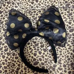 ディズニーミニーマウスちゃんデカリボンカチューシャ黒金ドット値下げ交渉可