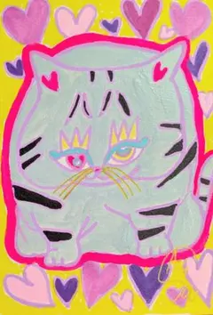 【ぽっちゃりサバトラ猫さん】ハガキサイズ　額無し　絵画　イラスト　猫の絵　猫