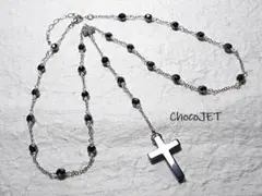 ブラックヘマタイト・ロザリオネックレス チェコビーズ・クロスネックレス 黒色Y字