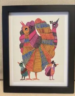 ⭐︎インテリアアート 鳥の絵画 額装インドart ポスター 印刷物カラフル赤北欧