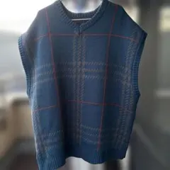 青 チェック柄 ニット ベスト　L