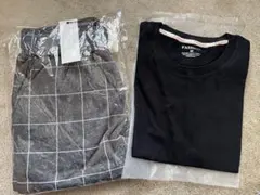 グレーのチェック柄スウェットと黒のシンプルTシャツセット　Mサイズ