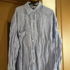 【ZARA】ブルー 100%リネン ロングストライプシャツ