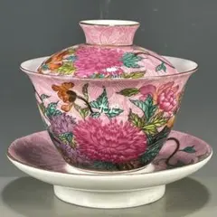 青緑色の花柄蓋付き茶碗と受け皿セット - メルカリ