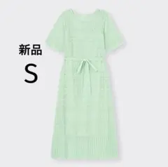 新品 大人色気 透かし編み レーシーウエストリボンワンピース キャミワンピ付 S