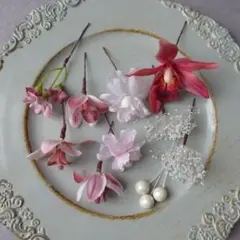 ＊お得なset＊ピンクのシンビジウムとはなゆめさくらのヘアパーツset 髪飾り