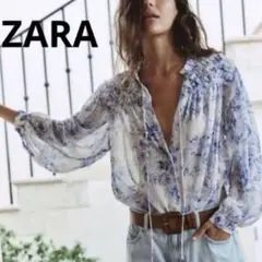 ZARA 長袖ブラウス　シフォン素材　【M】花柄フリル　セミシアーシャツ