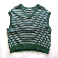 ニットベスト スタジオクリップ グリーン Vネック 美品 綿100%