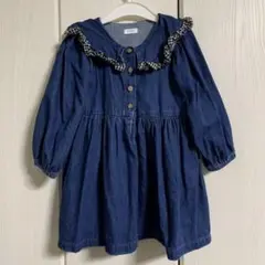 next デニムワンピース　ネイビー　ギンガムチェック　切り替えワンピース　長袖