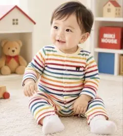 美品 MIKI HOUSE ストライプロンパース 70 ベビー服のサムネイル