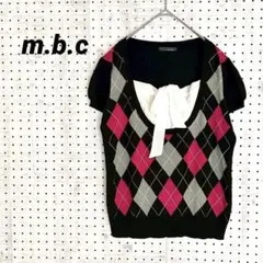 m.b.c アーガイル柄ニット 異素材 ボウタイ付き ブラック×ピンク（LL）