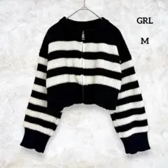 GRL クロップド ニットカーディガン ボーダー M ジップアップ ボリューム袖