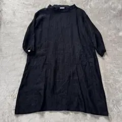 fog linen workリネンヘリンボーンスモックワンピース ブラック