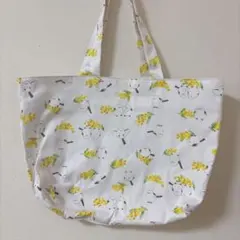 ハンドメイド　大きめ　エコバッグ　トートバッグ　シマエナガ　ミモザ