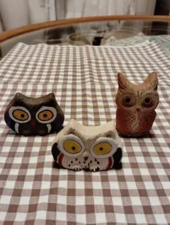 木製、フクロウの置き物 、飾り物、３体セット