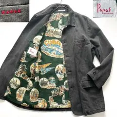 パパス 裏地アロハ リネン混　ブラックデニム カバーオール L相当 ロゴ刺繍のサムネイル