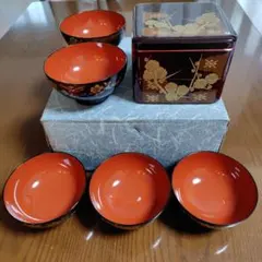 梅文様 二段重箱 椀 5客セット 漆器