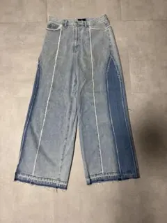 パッチワークデザイン ワイドデニムパンツ