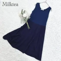 ミルクティー＊授乳服　ワンピース　バイカラー　膝丈　無地　ストレッチ　ネイビー