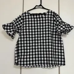 フリル袖 ブラック・ホワイト チェック柄 トップス XL