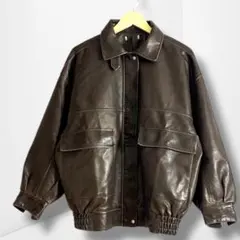 【ノーブランド】レザージャケット オーバーサイズ 本革風 ブルゾン ブラウン