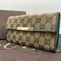 ✨美品/希少カラー✨グッチ　長財布　GGキャンバス　フラップ　ターコイズブルー