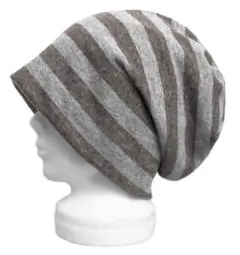 ハンドメイド◆ルーズワッチキャップ◆ボーダー柄ウールネップニット／杢茶×杢グレー