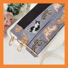 ショルダーストラップ【グレー✕ねこちゃん】インド刺繍　スマホストラップ