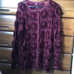 バーガンディ レース編み カーディガンM〜L