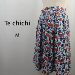 Te chichi　ひざ丈　花柄フレアスカート　M　ホワイト　バックファスナー