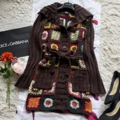D&G ニットカーディガン ブラウン パッチワーク　　ベルト ハイネックのサムネイル