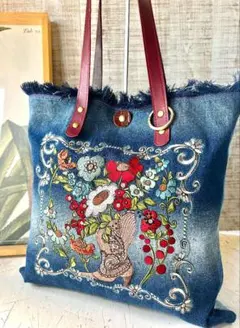 ロラライハリス♡ブルーグラデデニム♡刺繍の本革持ち手のフリンジ肩掛けバッグ